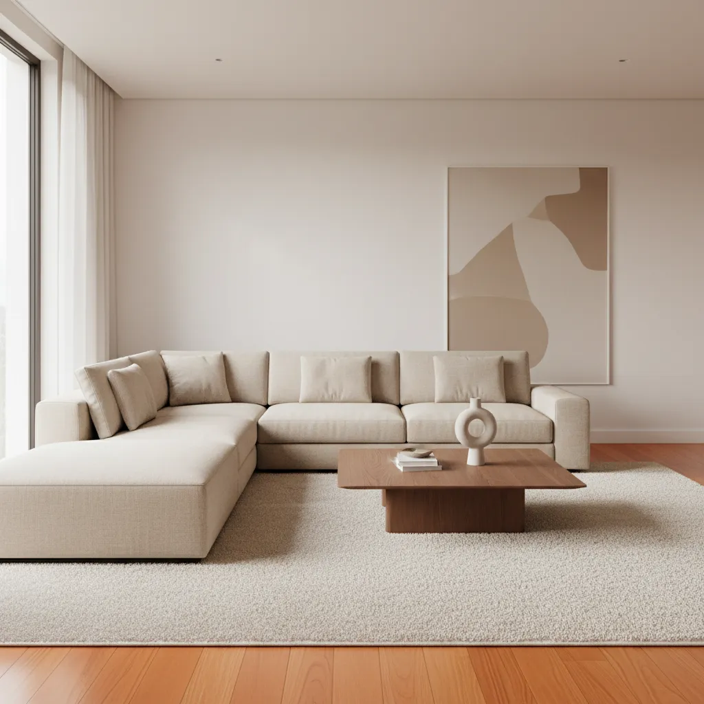 Large textured neutral rug covering orange hardwood living room floor