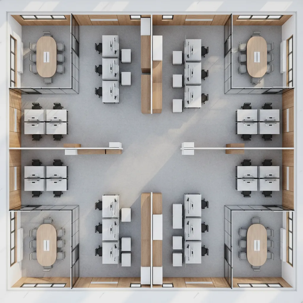 Open office layout with visible circulation paths and workspace zoning