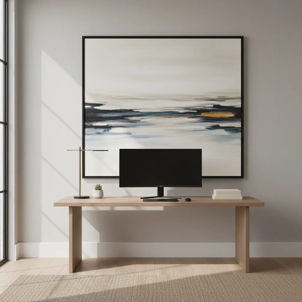 Large statement artwork frame above a modern office desk
