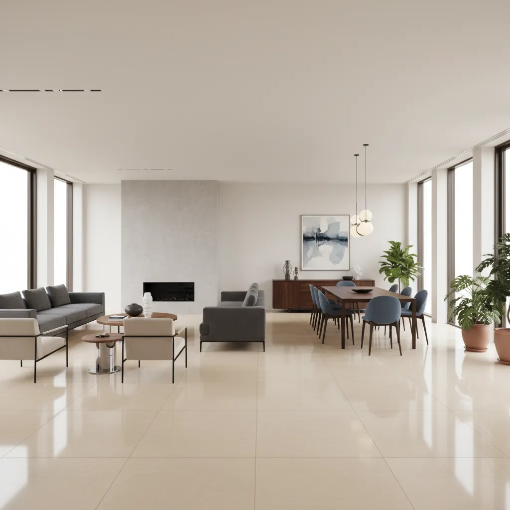 Large open living and dining space with continuous vitrified tile flooring