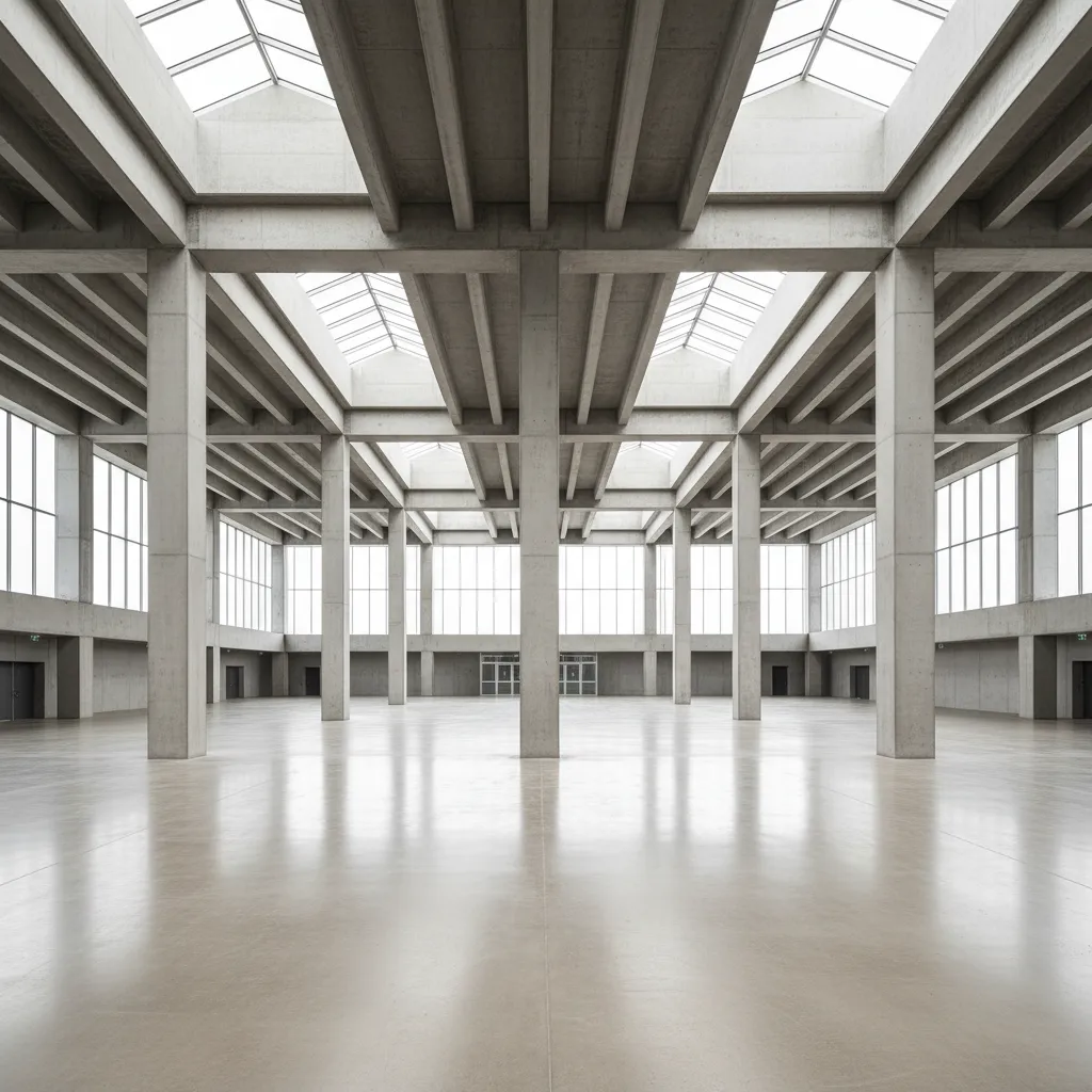 Large open hall with wide column spacing and deep structural beams