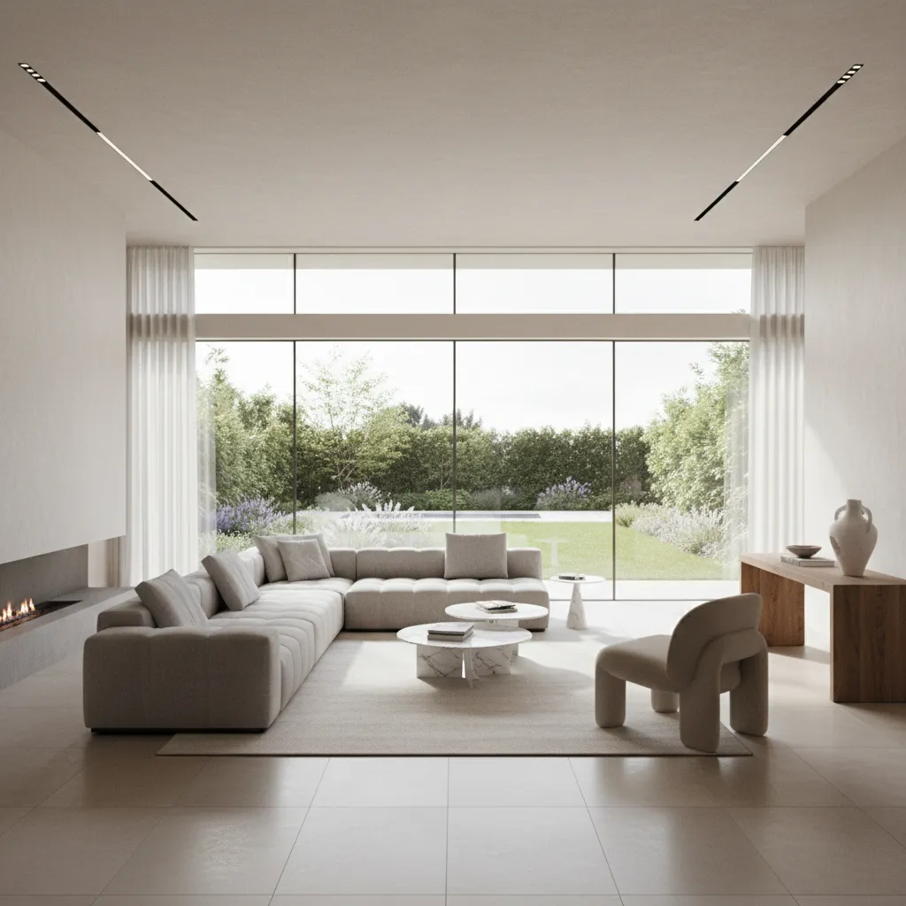 Large open living room with sectional sofa defining seating zone