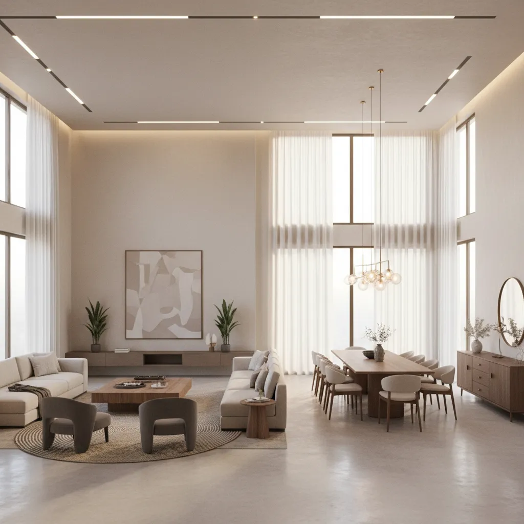 Large open plan living and dining area in modern Indian home