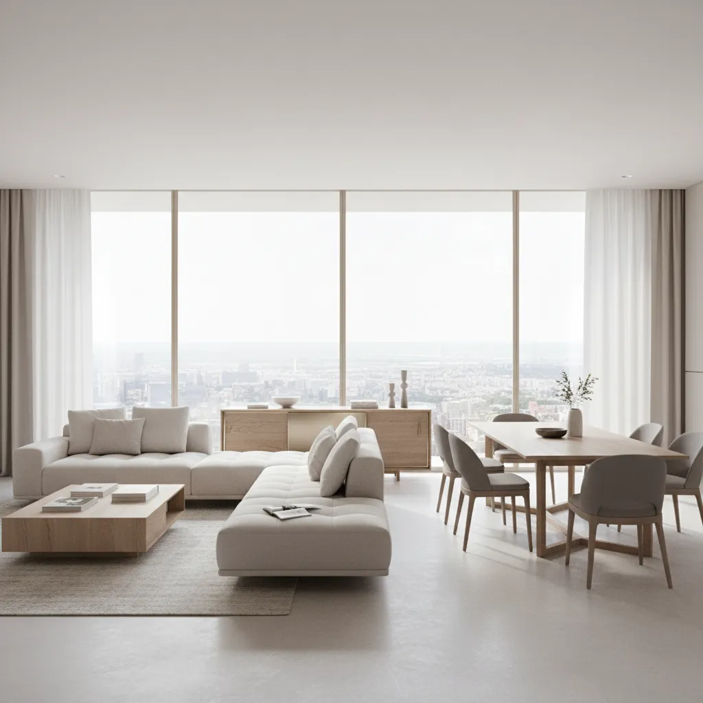 Large open plan living and dining room with defined seating group and long dining table