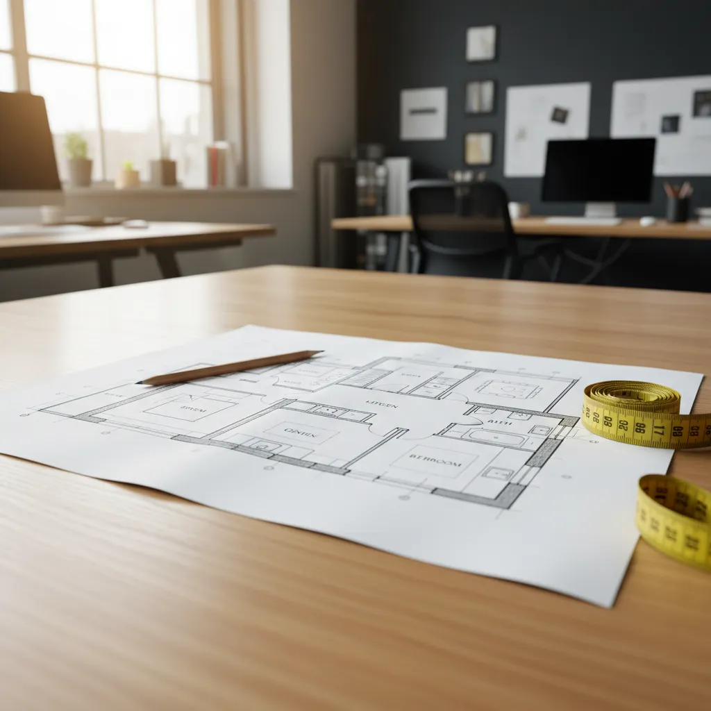 large A3 printed floor plan on table with measuring tools