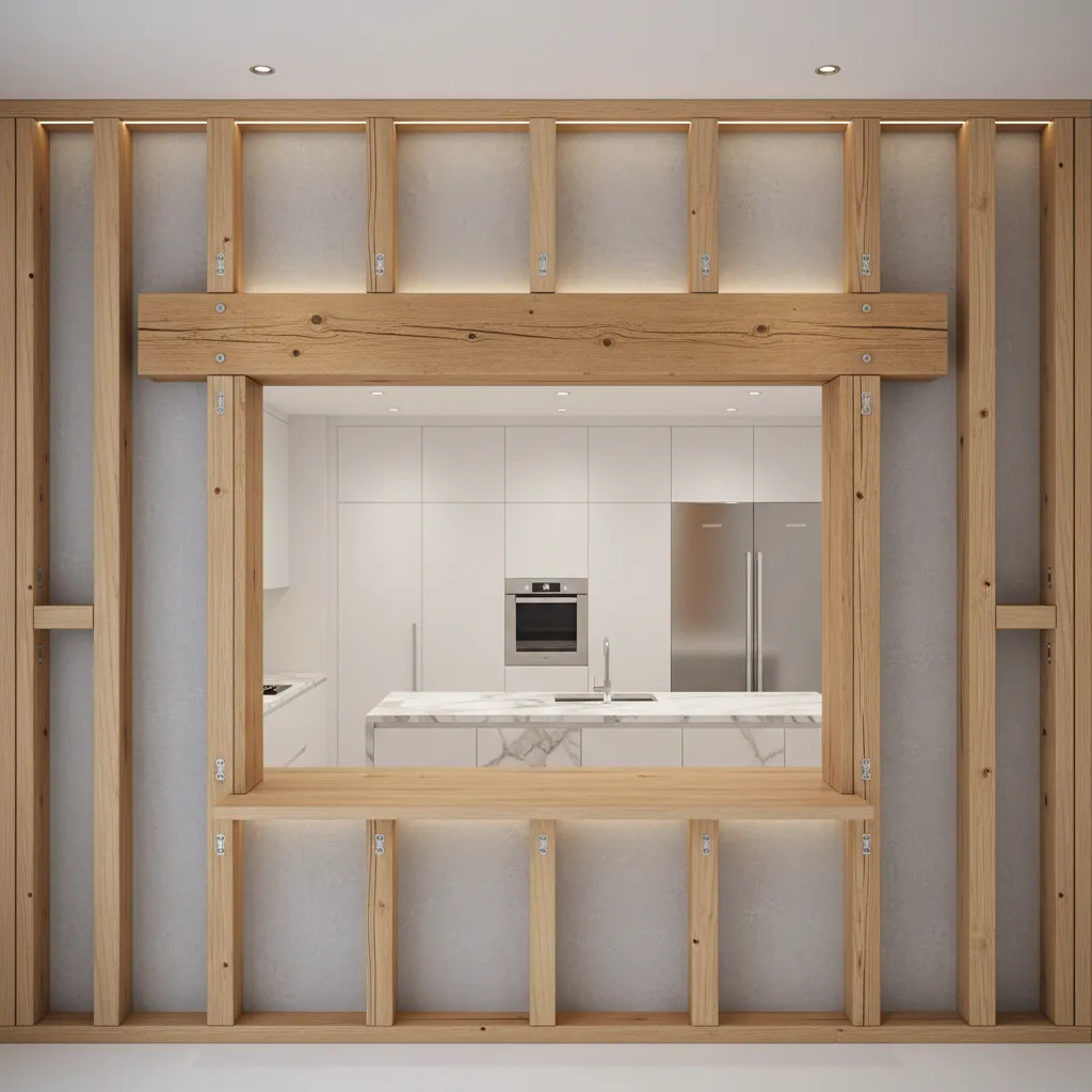 Large kitchen pass through window showing structural header support framing