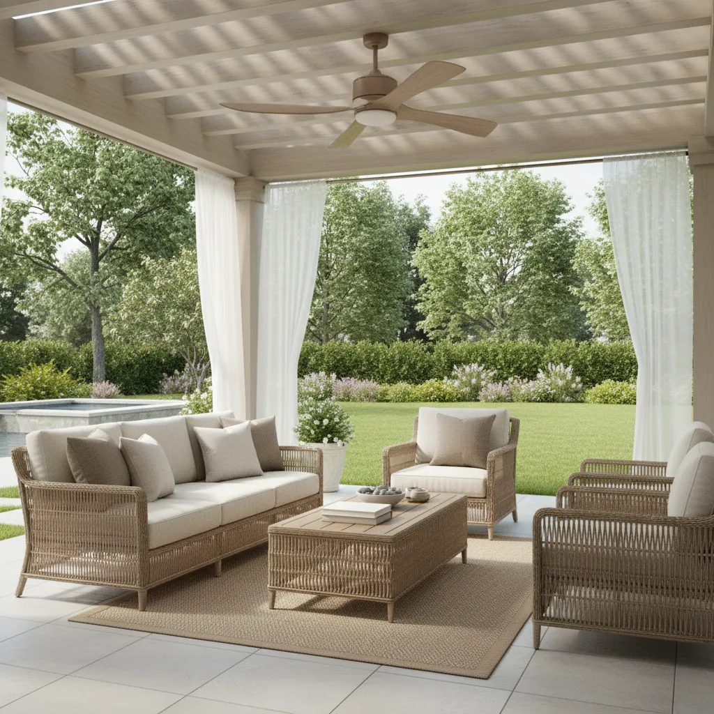 Outdoor patio seating area with a large ceiling fan creating airflow