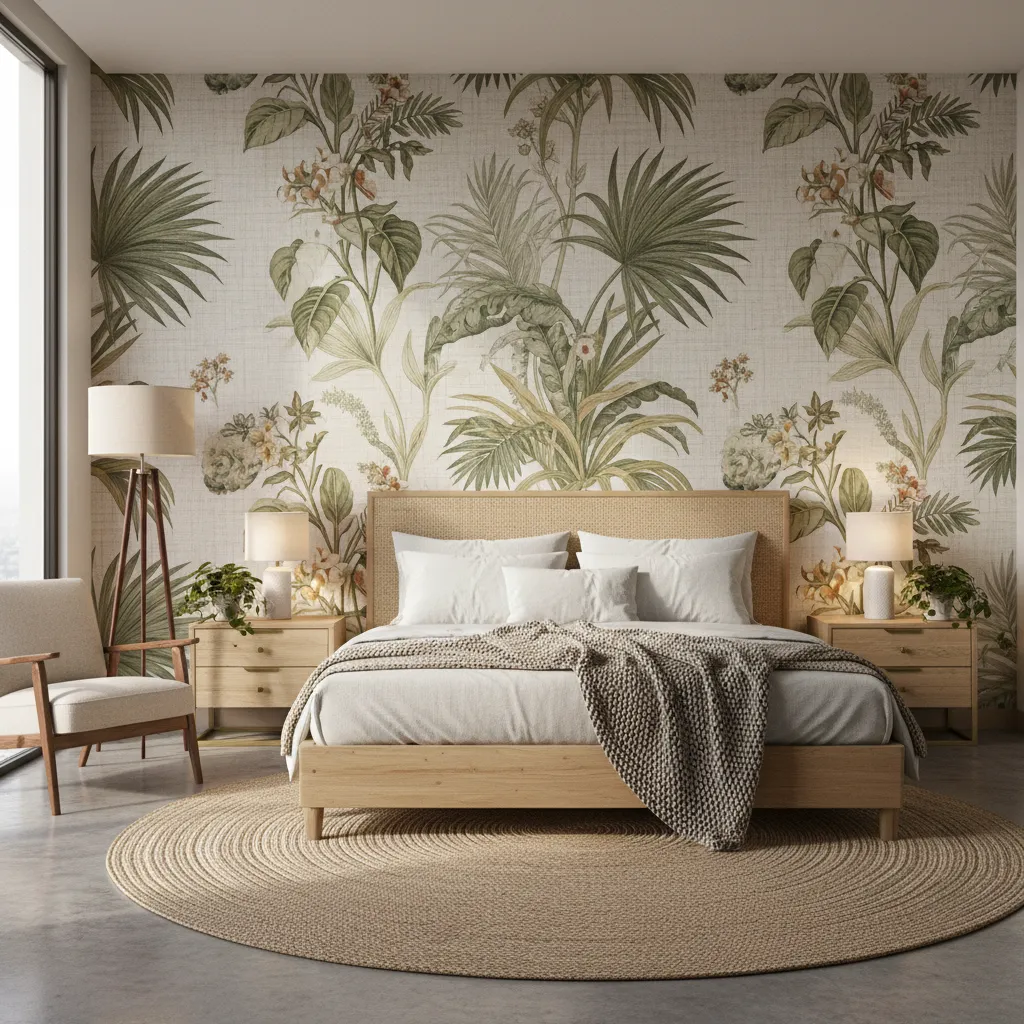 Bedroom wall with large scale botanical wallpaper pattern