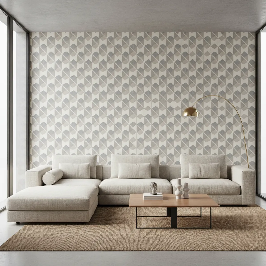 Large-scale geometric luxury wallpaper pattern behind sofa