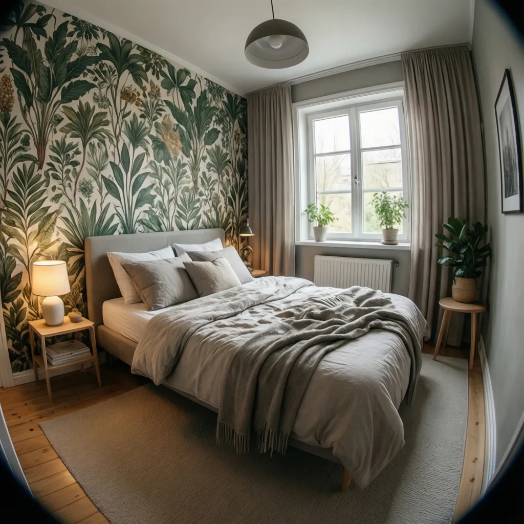 Dormitorio pequeño con papel pintado de patrón grande
