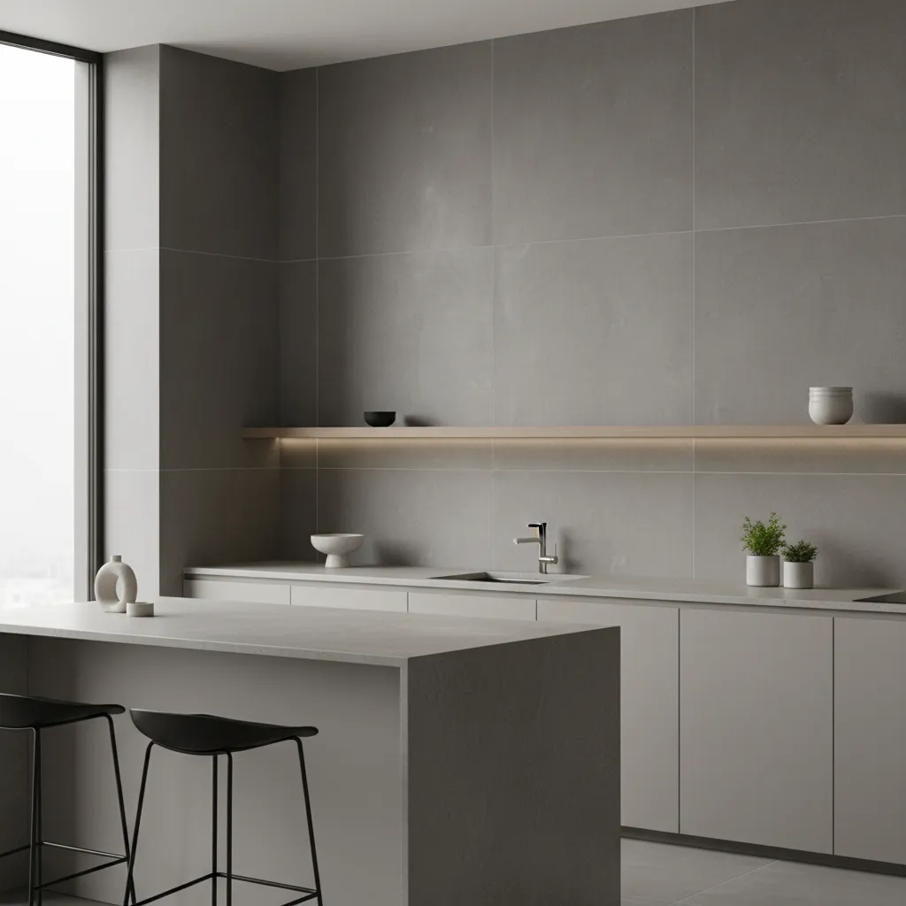 Modern grey kitchen with large wall tiles kitchen island two black stools and wooden shelf