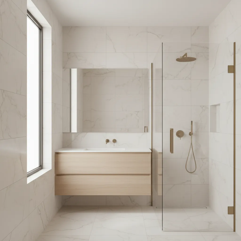 bathroom with large format porcelain tiles that mimic marble