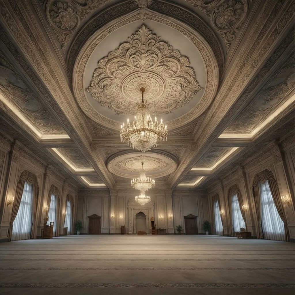 Wide prayer hall with decorative POP ceiling patterns and lighting