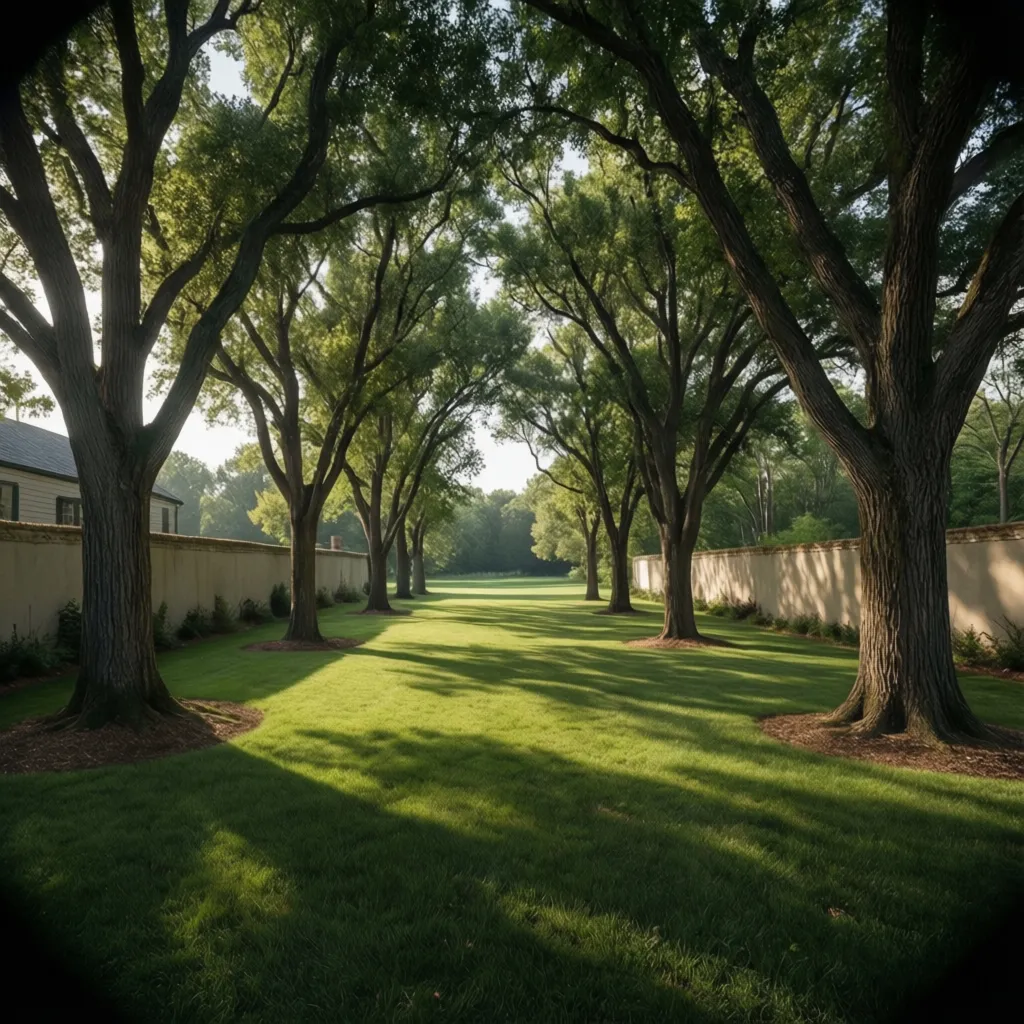 Large farmhouse boundary with widely spaced mature trees creating natural privacy