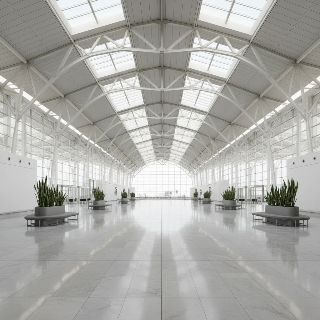 Large public building interior with continuous large format tile flooring