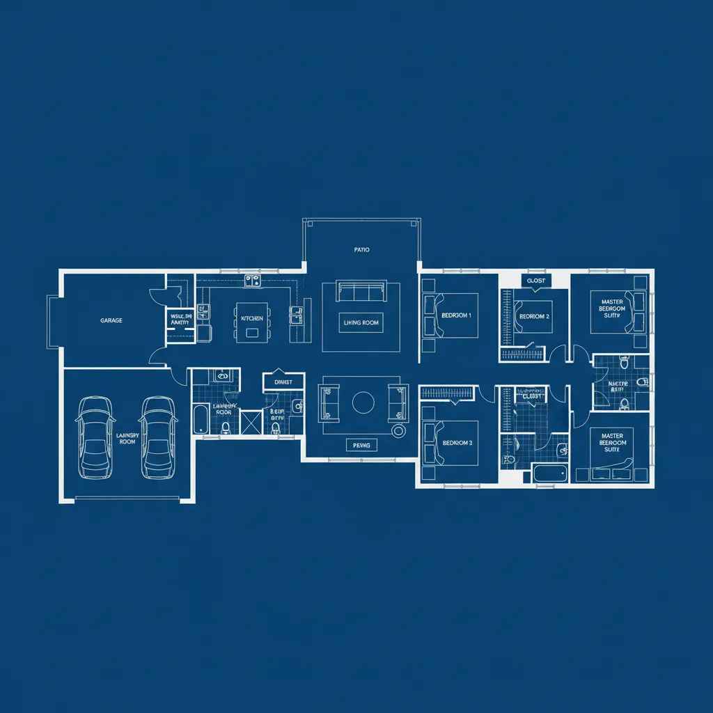 Architectural floor plan layout of a large ranch style home with split bedroom design