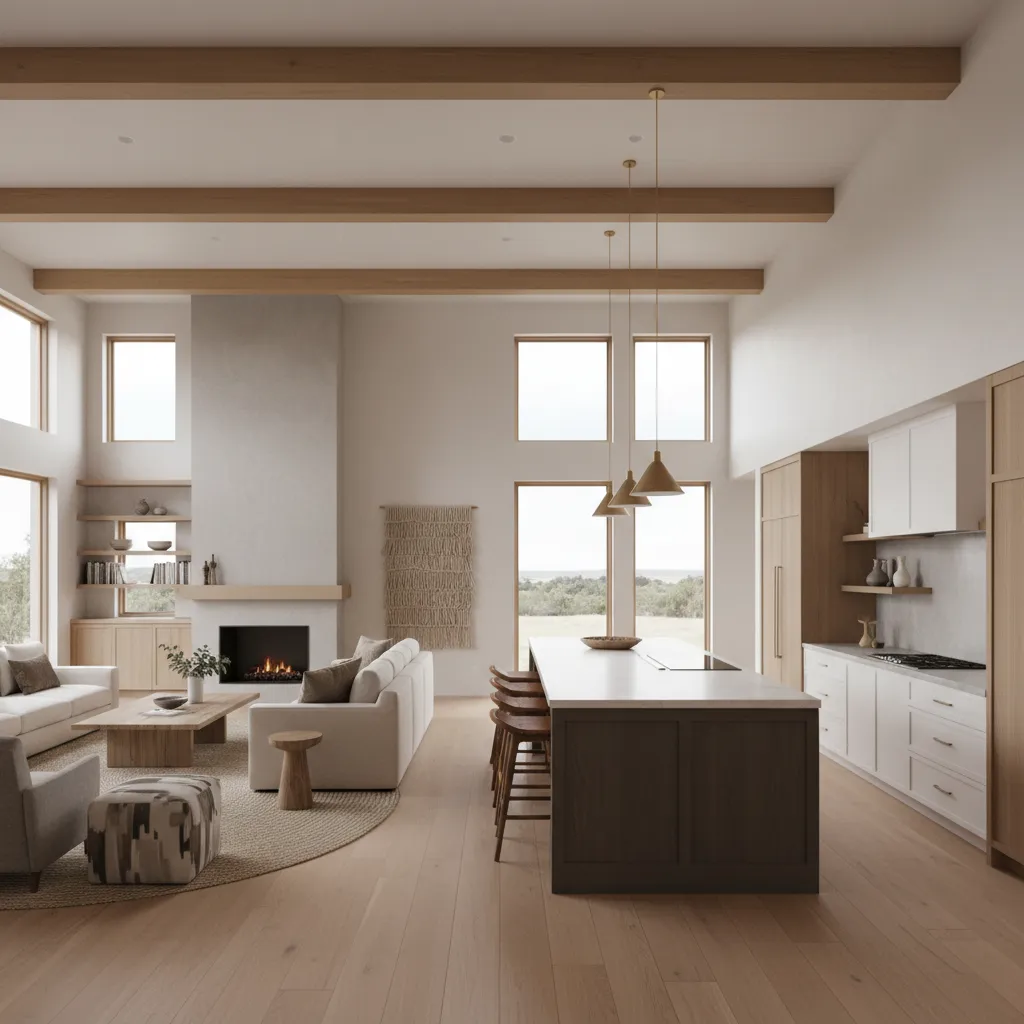 Open concept living room and kitchen inside a 3500 sq ft ranch house