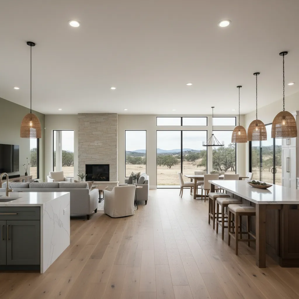 Open concept living room and kitchen in a large ranch home layout