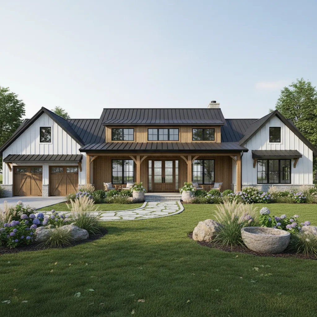 Spacious modern ranch style home exterior showing wide single story layout
