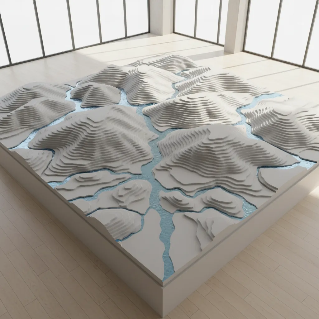 Overview of a large 3D terrain model with river network
