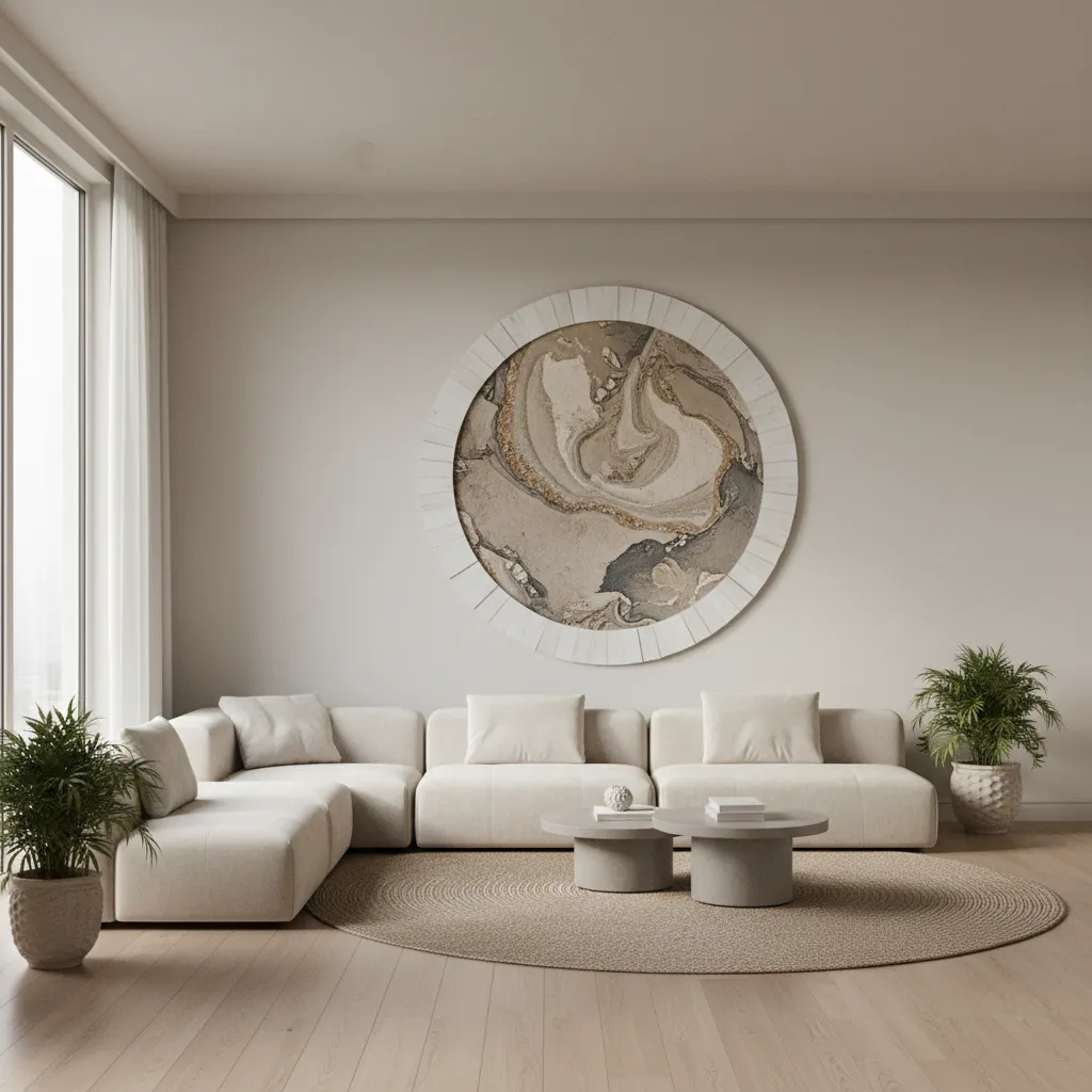 Oversized circular wall decor balancing a large living room wall