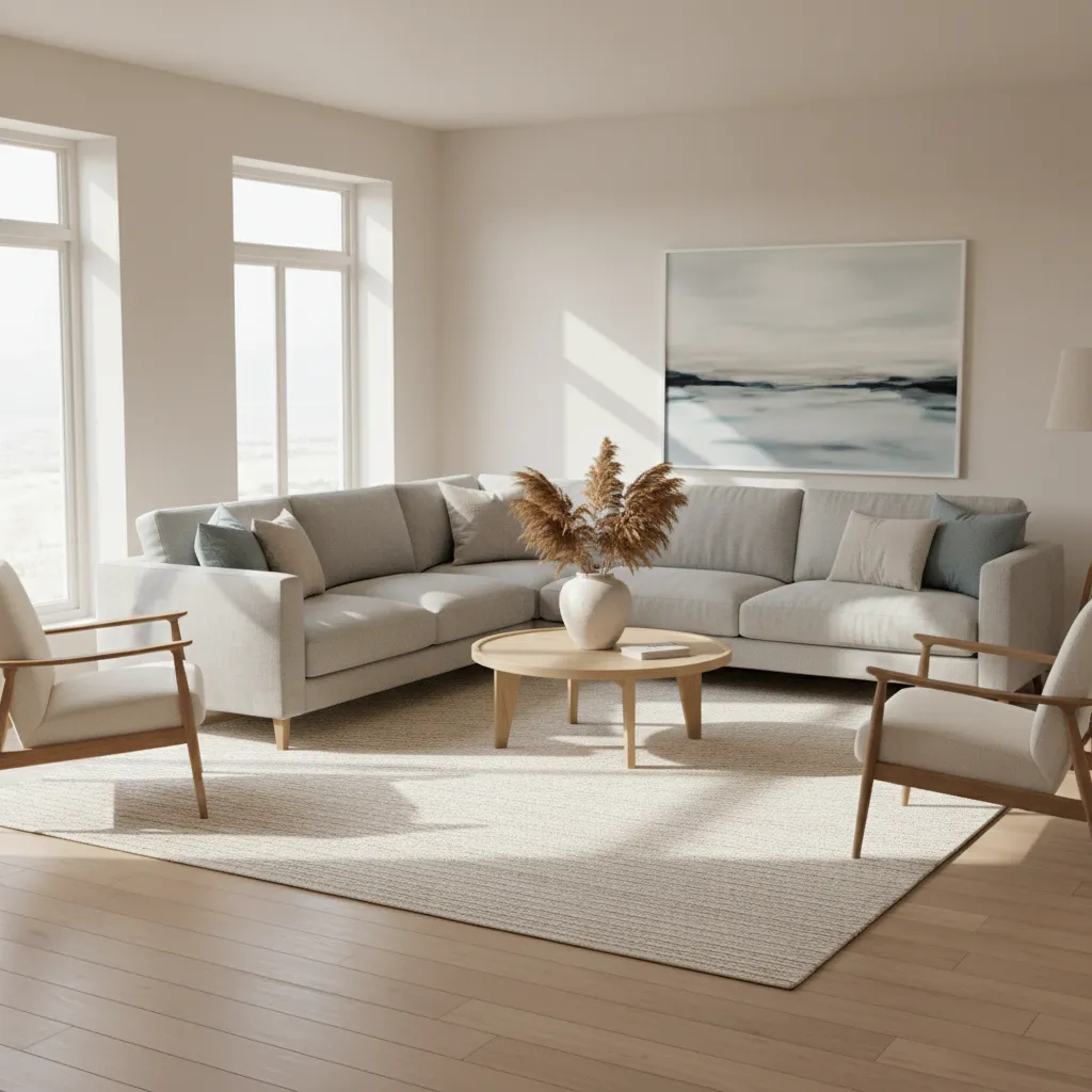 Large rectangular rug anchoring a diagonal sofa layout in a modern living room