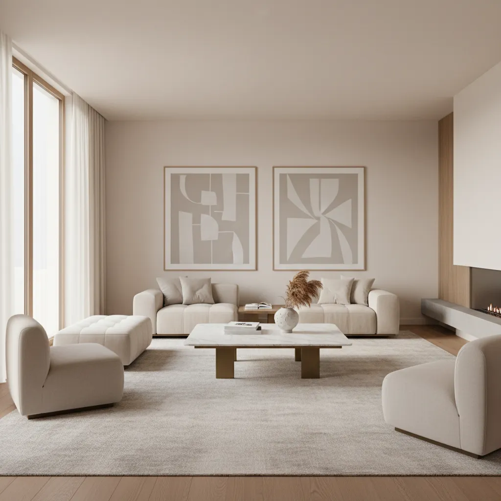 Large area rug anchoring sofa and chairs in spacious living room