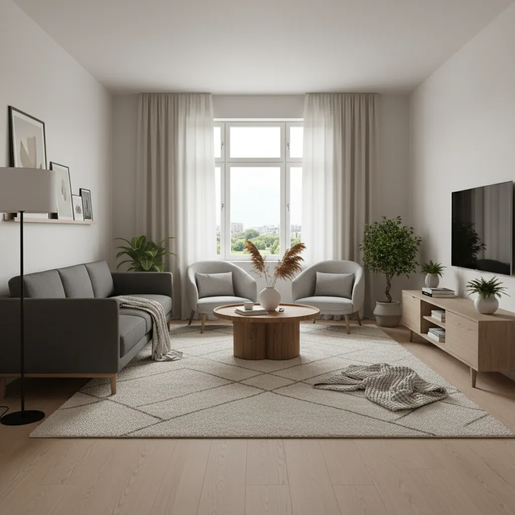 Modern living room with grey sofa two armchairs wooden coffee table and television on cabinet