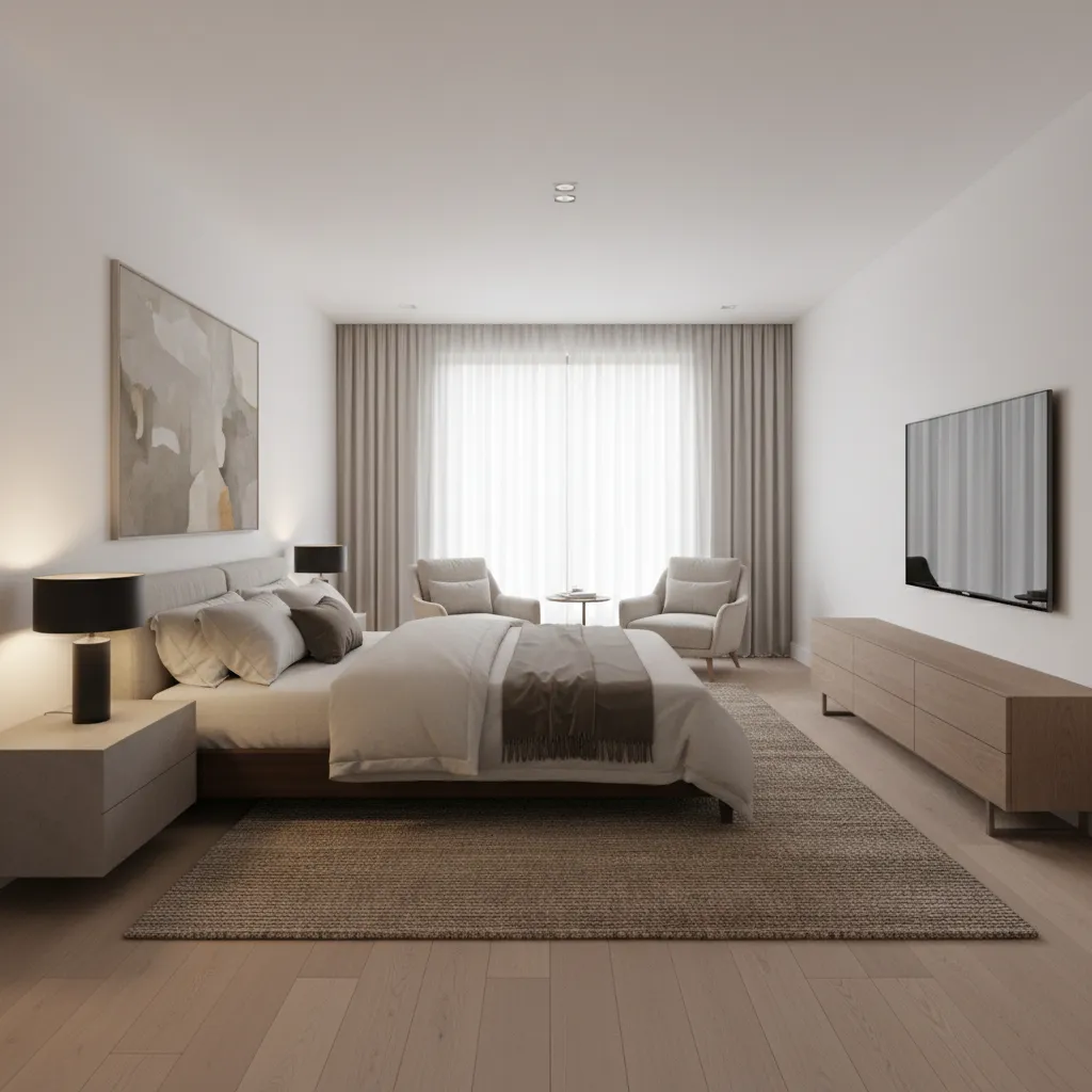 king bed placed on large area rug extending beyond the bed