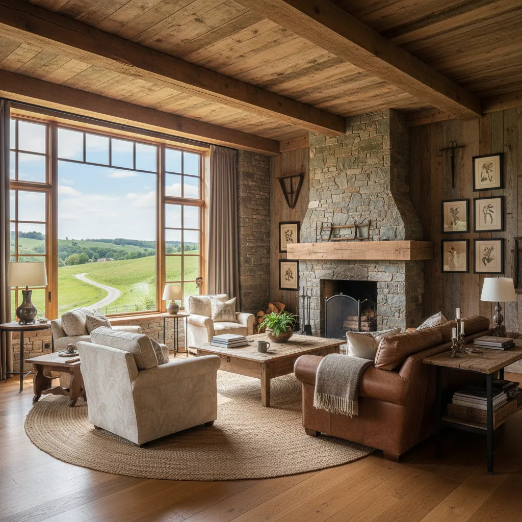 Spacious living room with stone fireplace wood ceiling beams leather sofa and large window view