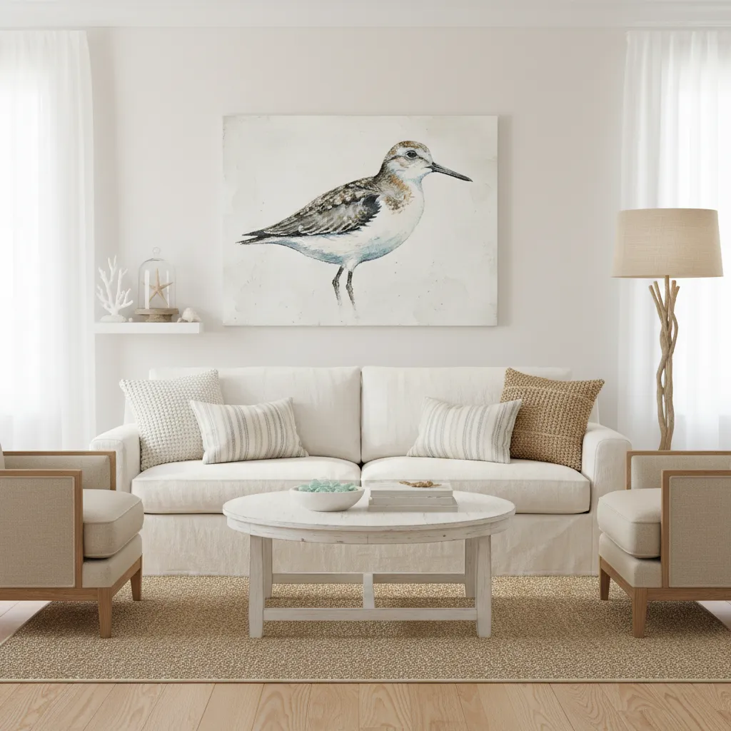 large sandpiper wall art above coastal sofa showing correct wall scale