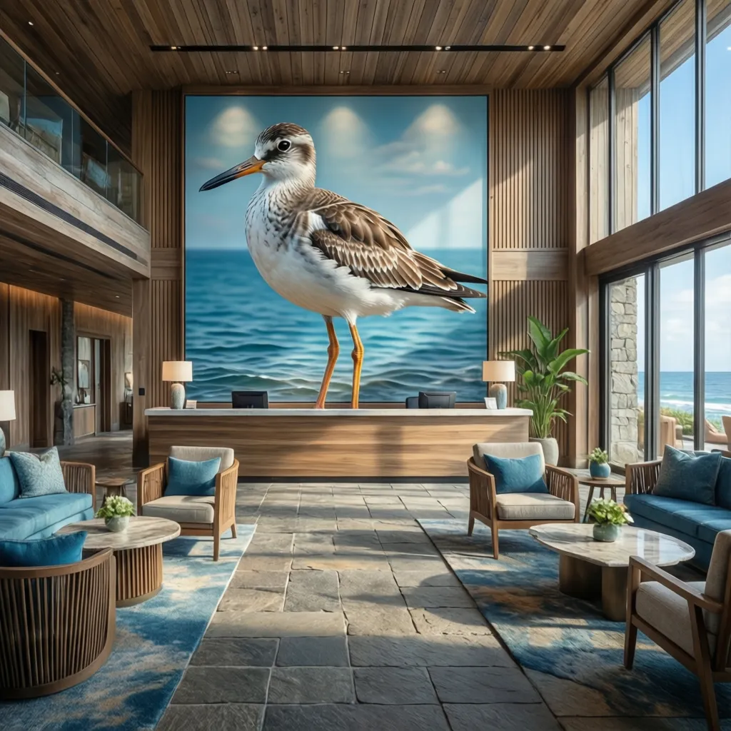 Large sandpiper wall art statement piece in a coastal resort lobby