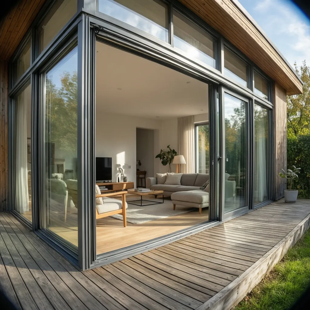 Puertas correderas de vidrio grandes conectando salón y terraza