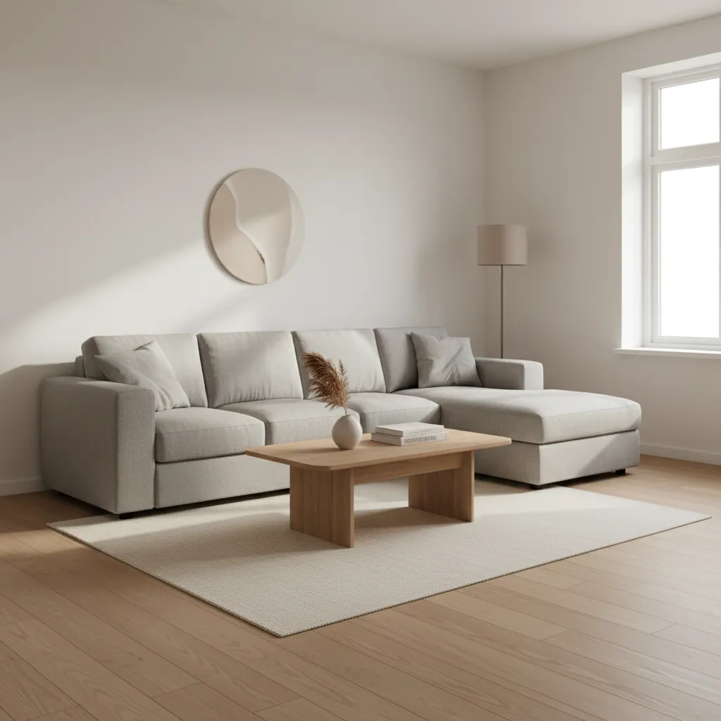 Large sofa styled neatly inside a compact apartment living room