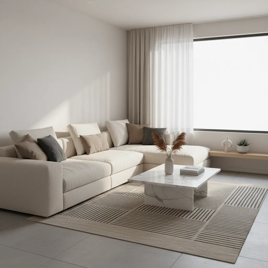 Small living room with a large elegant sofa and minimalist decor