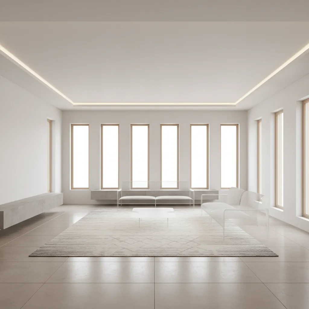 Large square living room with central rug showing layout planning zone