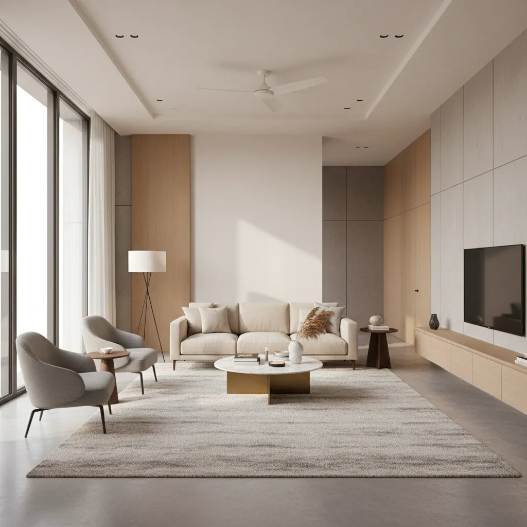 Spacious square living room showing balanced furniture layout