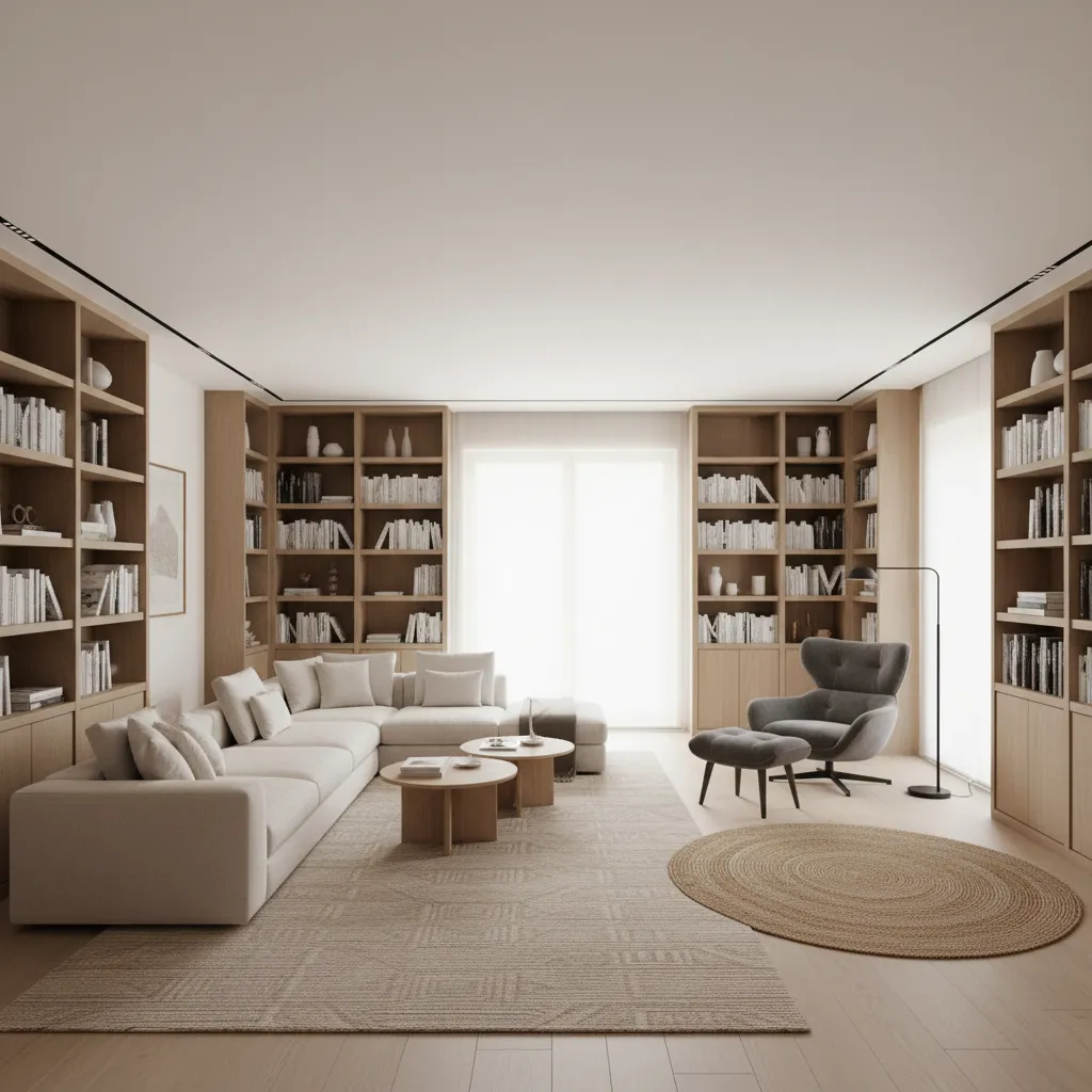 large square living room divided into multiple seating zones