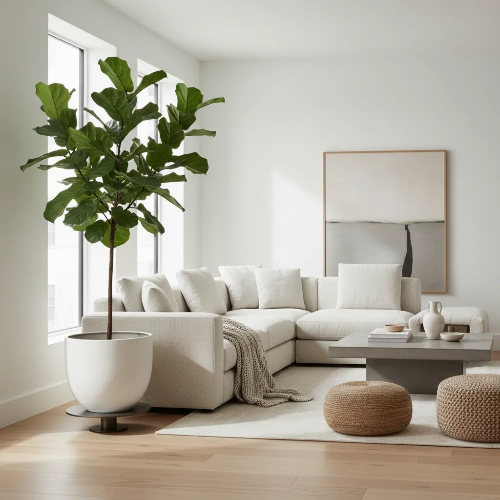 Gran planta de interior en cubre maceta moderno junto a sofá