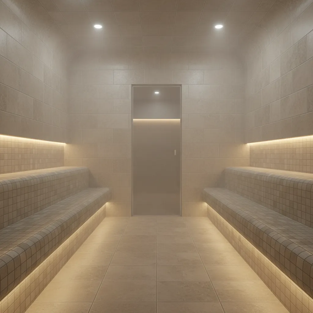 Modern large steam room with tiled seating and soft steam filling the space