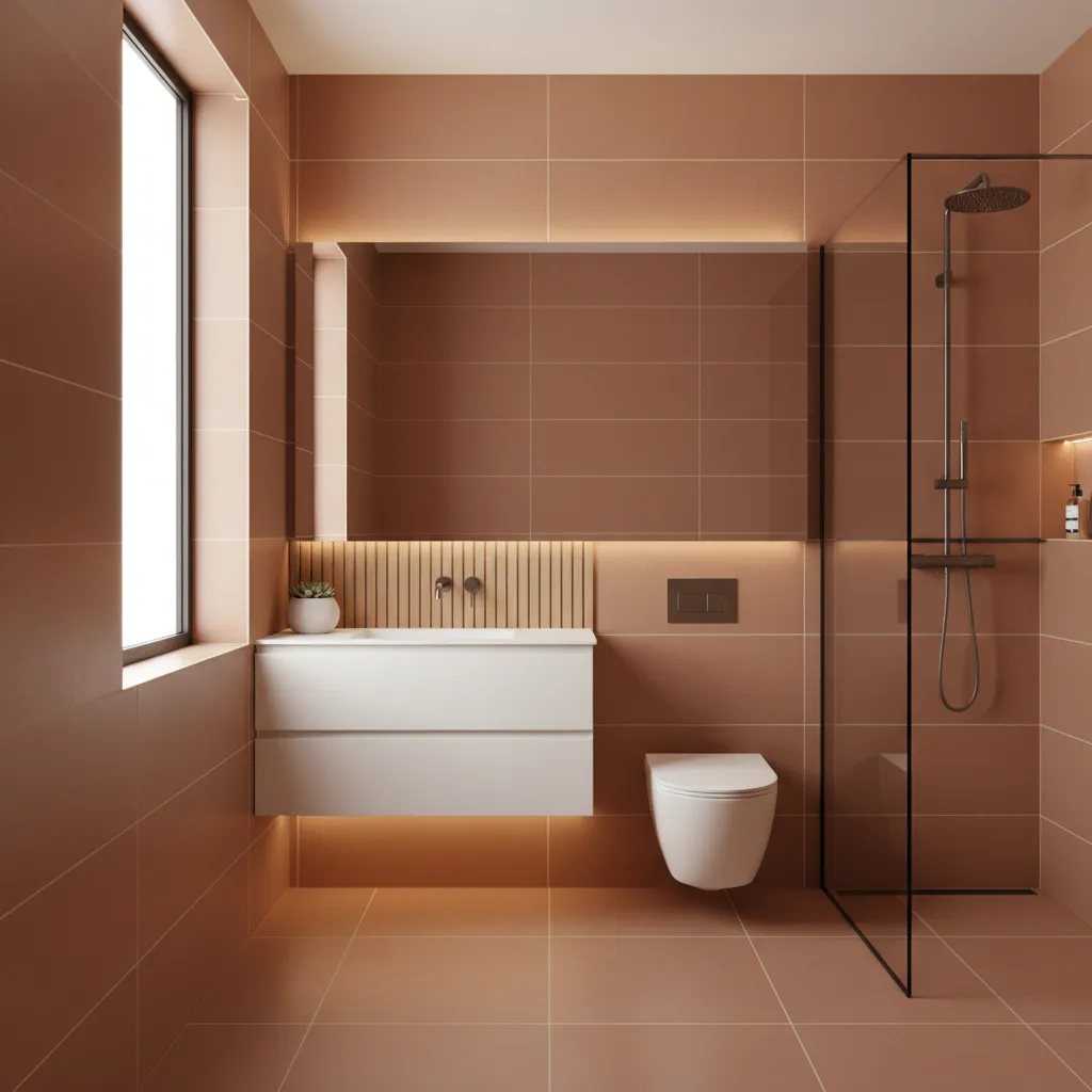 small bathroom using large terracotta tiles with minimal grout lines
