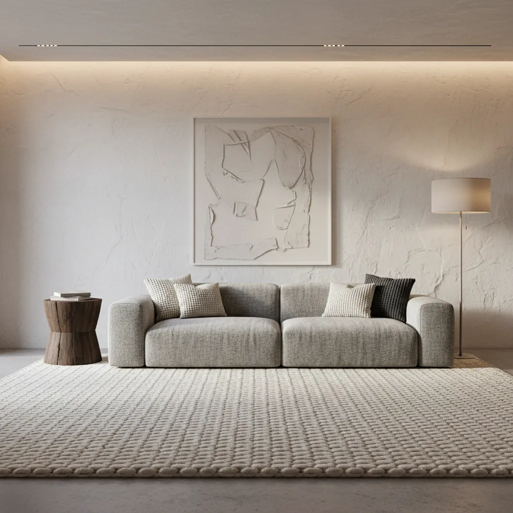 Living room highlighting large texture elements like rug sofa and wall finish