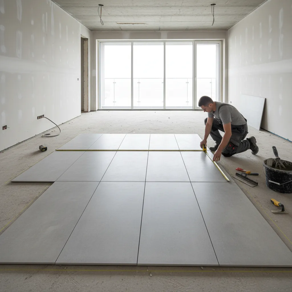 Installer planning layout of large format floor tiles before installation