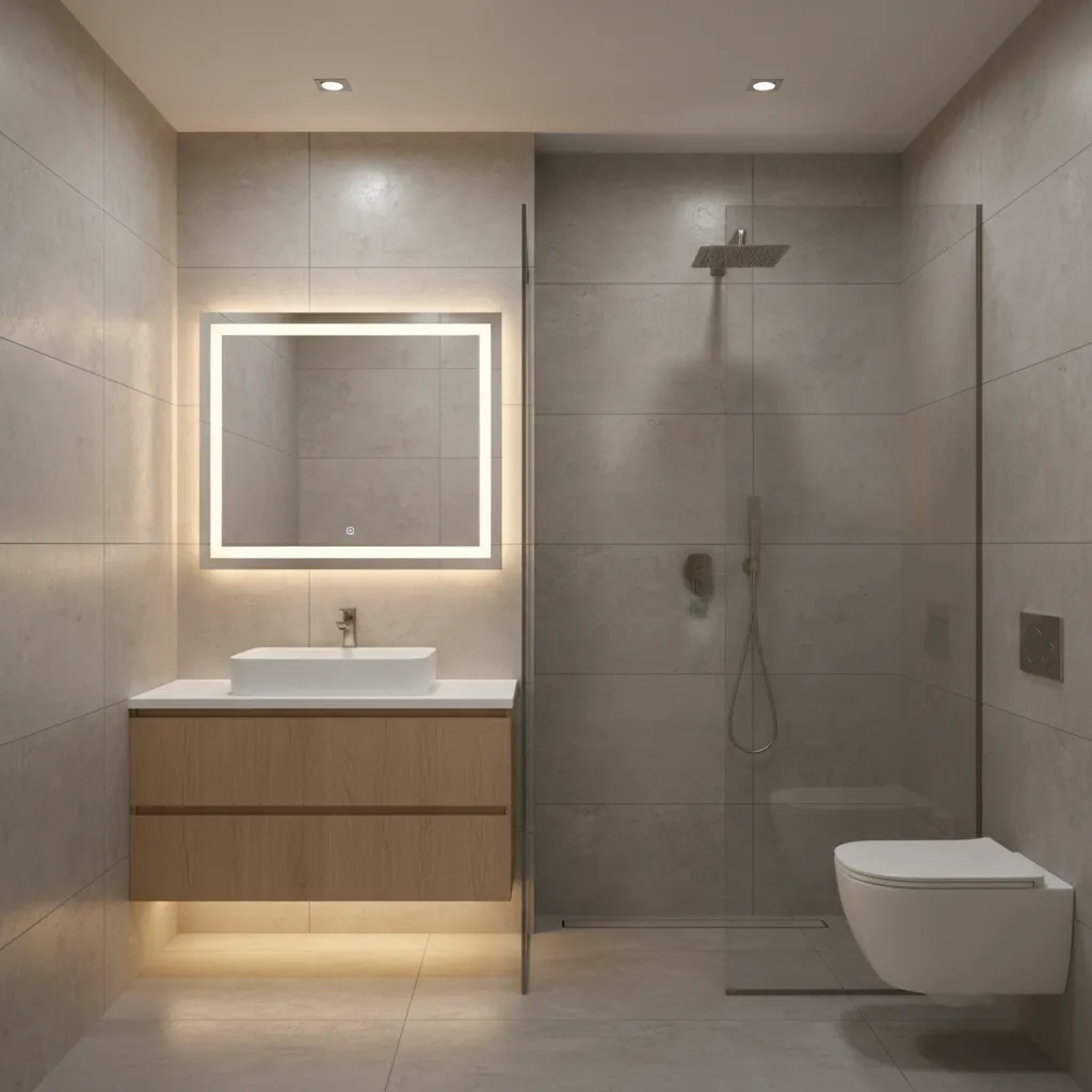 small bathroom using large format tiles for seamless look