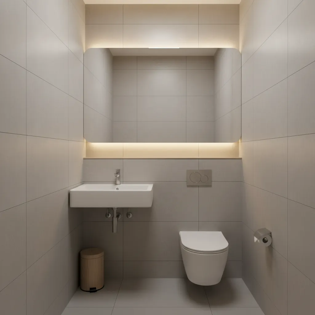 small office bathroom with large format porcelain tiles and minimal design