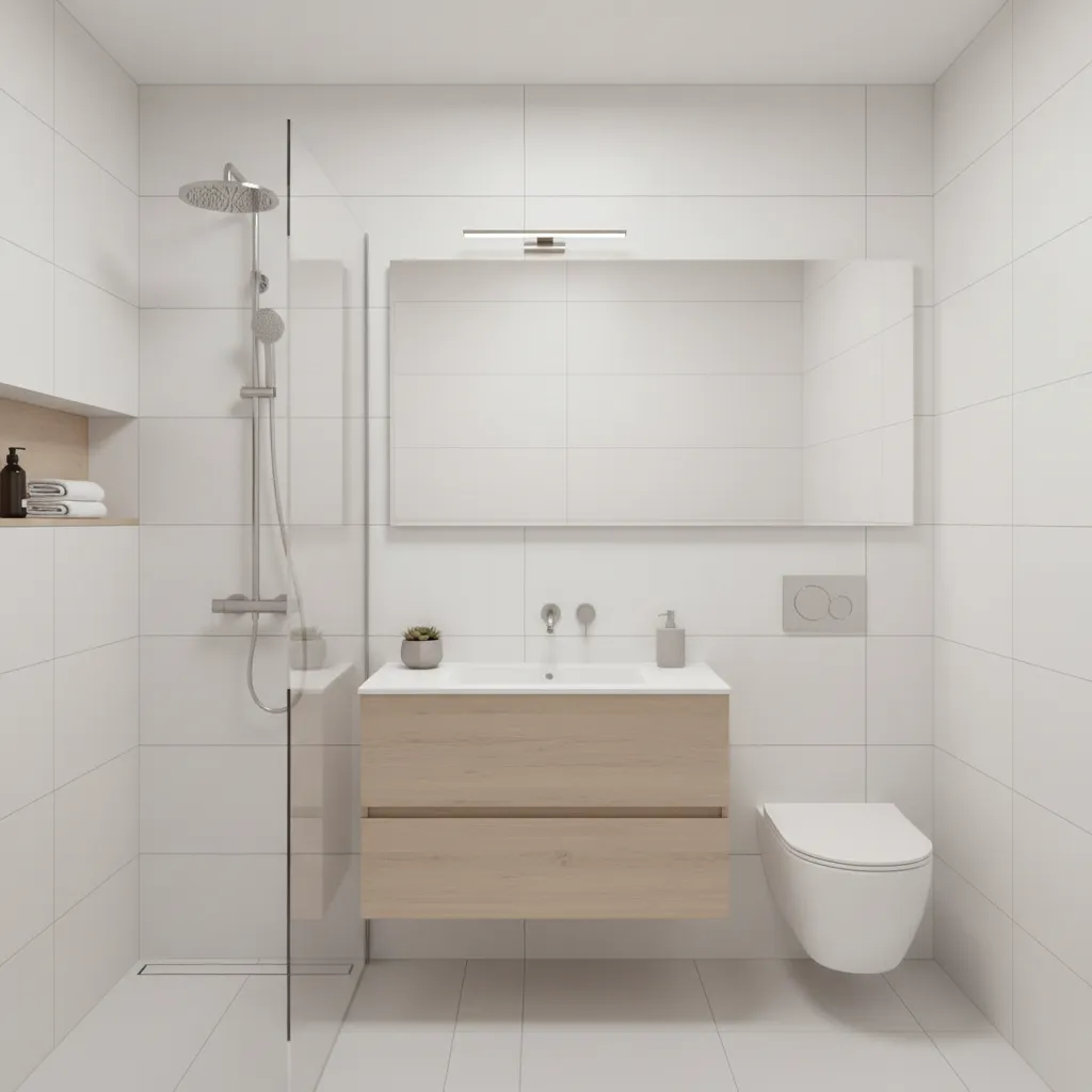 Small bathroom with large white wall tiles and minimal grout lines