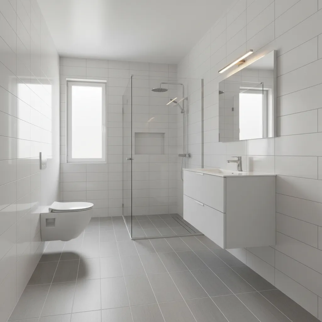 Small bathroom using large rectangular tiles to reduce grout lines