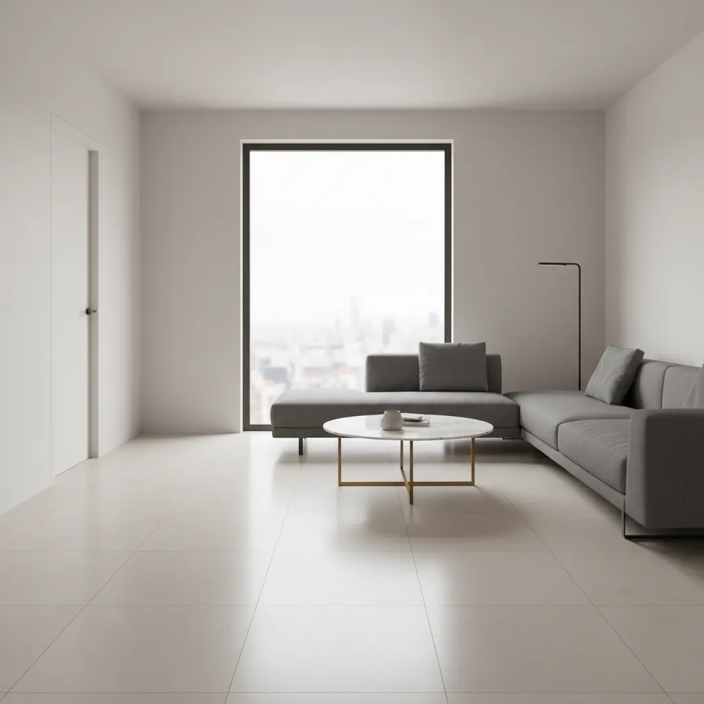 Modern living room with grey sofa marble table large window city view and floor tiles