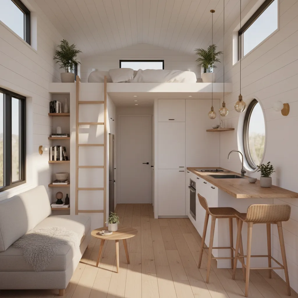 Interior layout of a large tiny house on wheels with open living and kitchen area