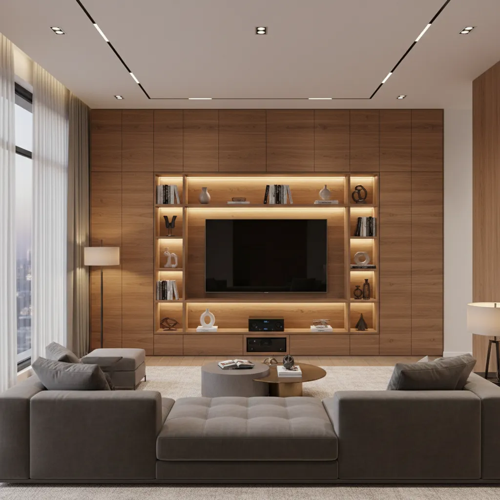 Large media wall with cabinets shelves and integrated lighting